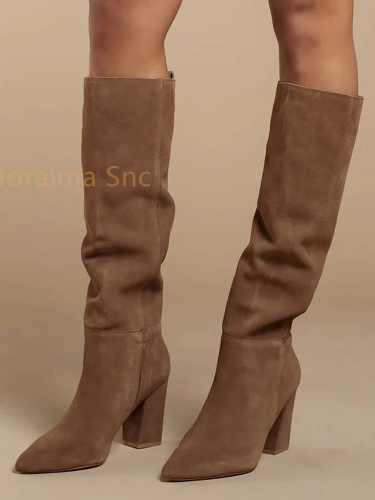 

Chunky Square Heel Knee High Boots Pointed Toe Suede Long Boots Women Winter Slip On Runway Party Solid Office Lady Shoes