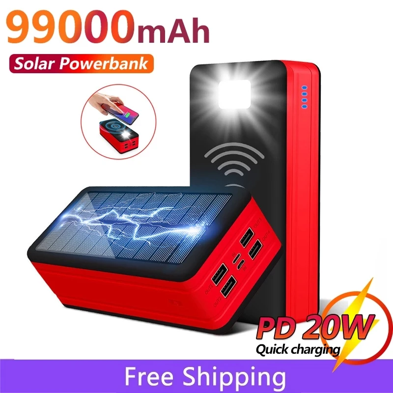 99000mAh Wireless Solar Power Bank Portable Phone Charger 4USB Outdoor
