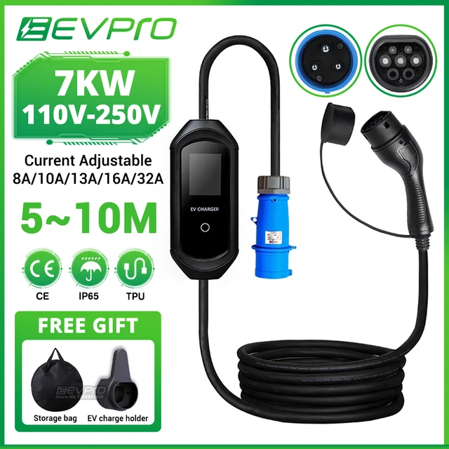 EVPRO 32A Portable Charger IEC62196 Switch 1 Phase EVSE Charging Cable  Type2 Plug Controller 7M Wallbox for Electric Car - AliExpress