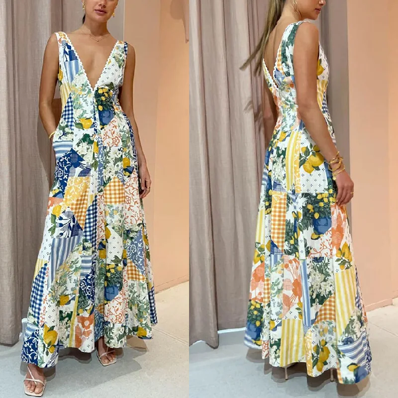 

2024 Summer Fashion Dresses Printed Deep V Slim Sleeveless Vest Casual Ladies Dress Sweet Robe Dress Floral Large Hem Dress