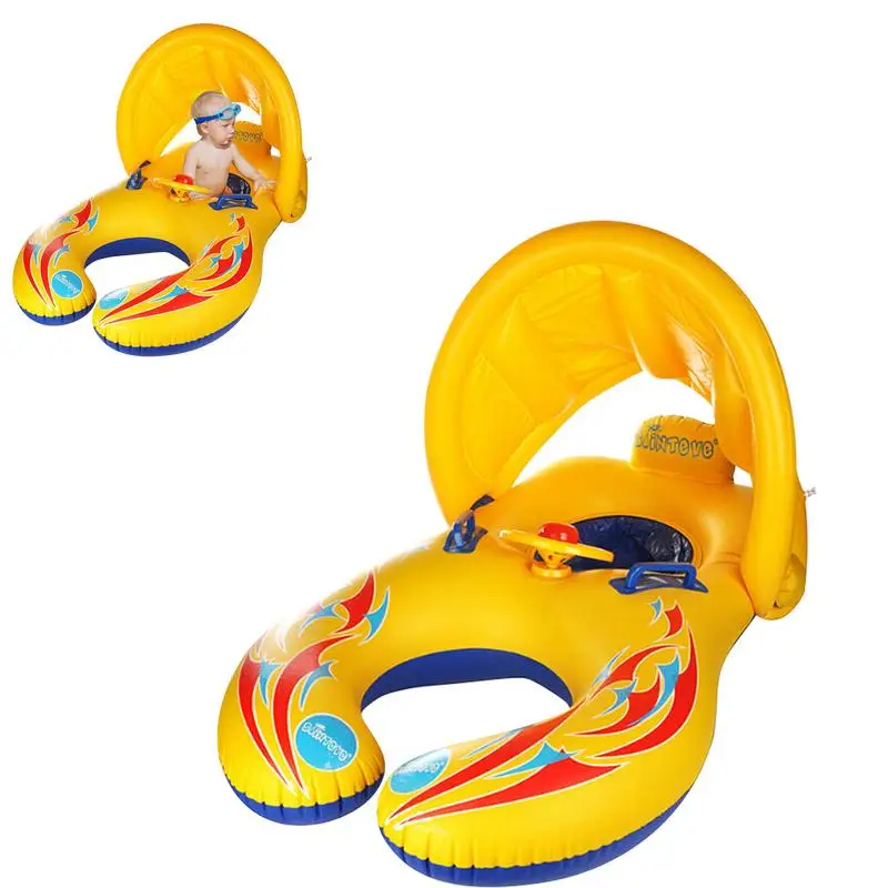 

Toddler Swimming Float Sun Canopy Parent-Child Interactive Steering Wheel Boat With Handle And Horn Toddler Pool Float For Ages