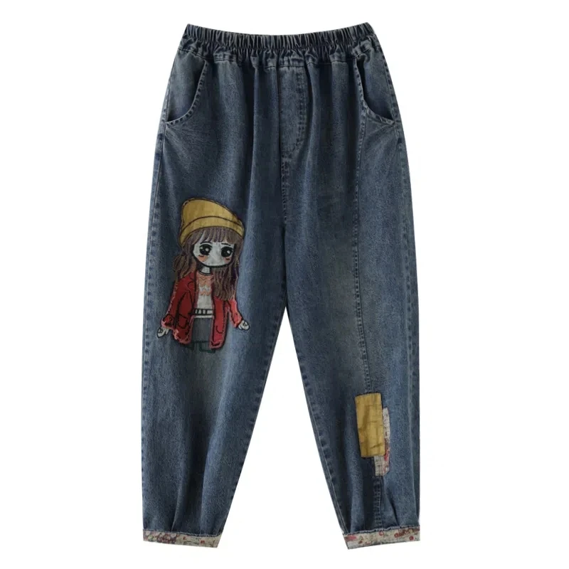 Autumn Retro Embroidered Cartoon Girl Denim Trousers Women's Fashion Streetwear High Waist Patchwork Trousers Christmas Jeans