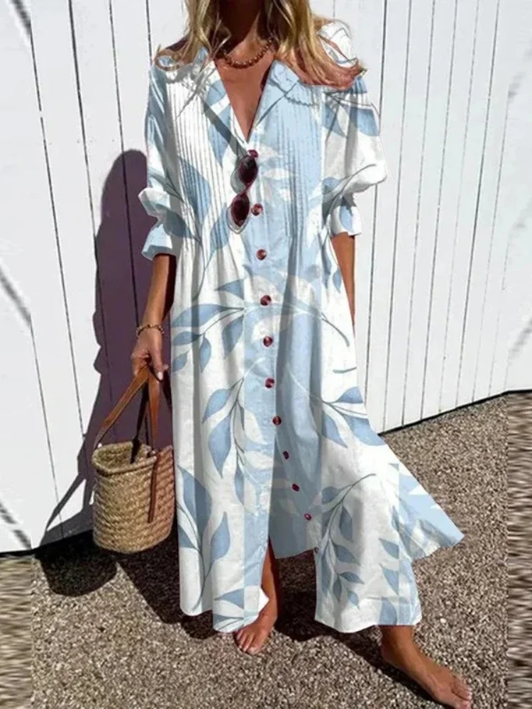 Wmstar Women Dress Wholesale Loose Pleated Independent Station Printed Temperament Commuter Long Sleeve Dresses New Style