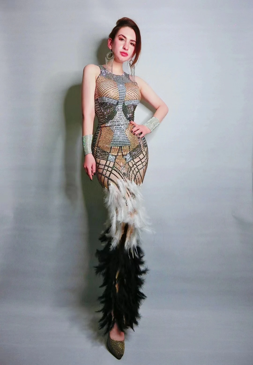 

Sexy Design Black White Feather Dress StageWear Big Stretch One-piece Rhinestones DressSinger Evening Performance Long DressA385