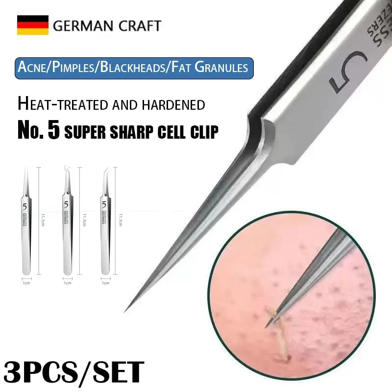 3PCS Facial Pore Cleaning Care Tools Ultra Fine Needle Tweezers Blackheads Acne Wart Skin Tag