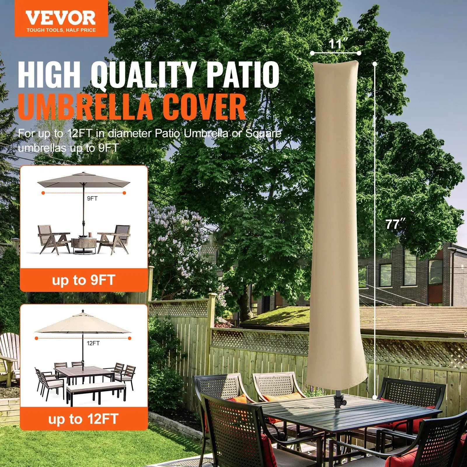 Patio Umbrella Cover for 7ft to 12ft Market Umbrellas, Water Resistant PU 2000mm, Outdoor Umbrella Cover with Zipper and Rod, Be 2