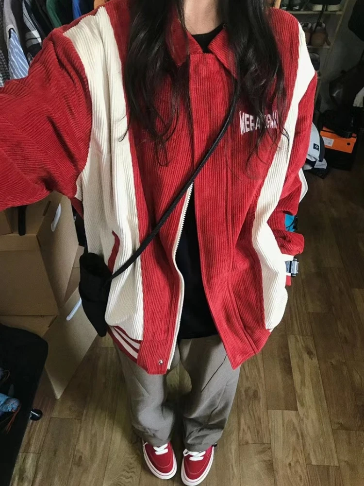

Corduroy College Jackets Men Spring Autumn Casual Fashion Red Baseball Outwear Mens Retro Patchwork Color Block Varsity Coats