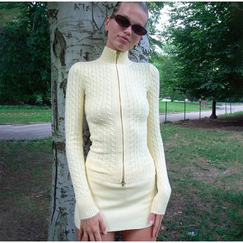 Casual Knitted Solid Zipper Sweater Woman Vintage Slim Fit Stand Collar Cardigan Sweaters Lady Autumn Versatile Street Knitwear