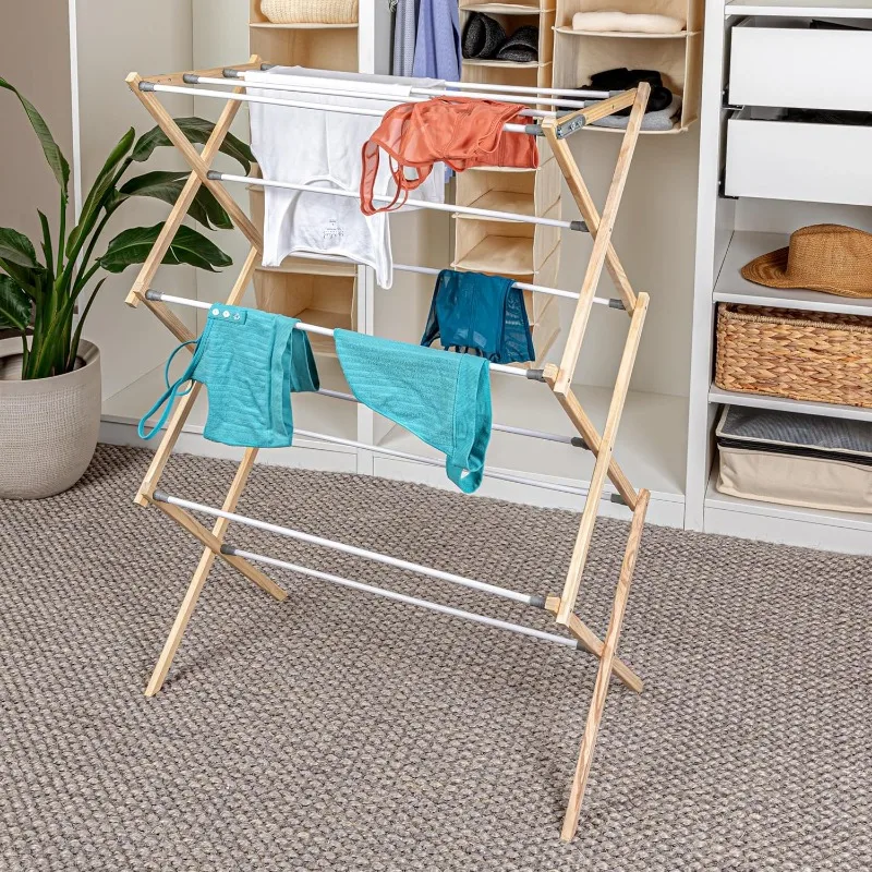 Clothes Drying Rack, Stabile Wood Frame with Slanted Feet, 23.8 Feet of Hanging Space, Ready to Assemble, Flat Top, Natural 3