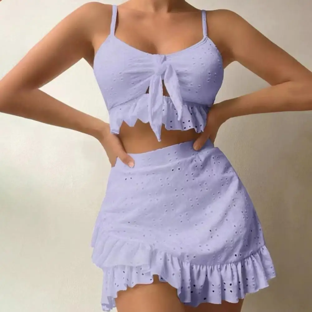 

Fashionable Women Swimwear Three-piece Women's Bikini Set with Ruffle Hem High Waist Cover Up Skirt Sexy Solid for Beachwear