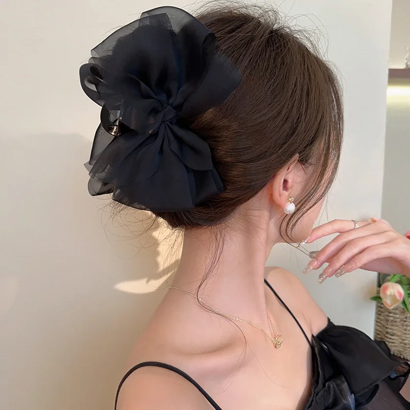 

Fashion Mesh Tulle Large Bow Grab Clip Elegant Retro Female Net Yarn Ponytail Braid Claw Clip Hair Accessories Gift Headdress