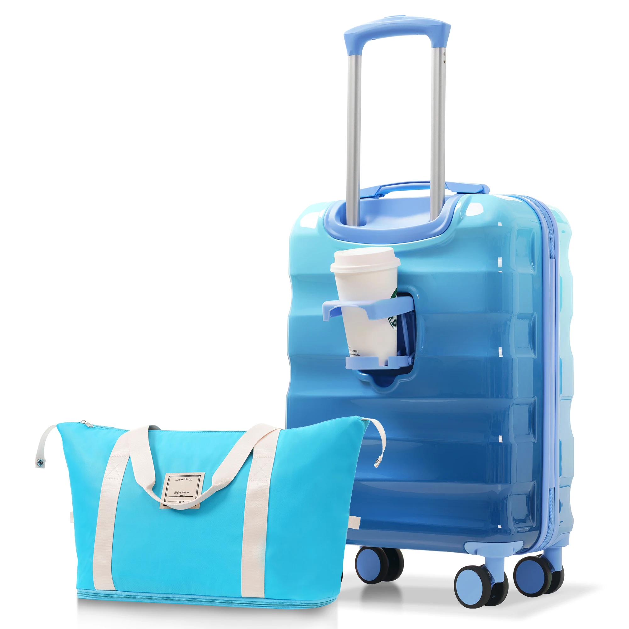 2 Piece Set 20" Carry-on Luggage & Bag with Cup Holder Lightweight Glossy Hardshell Suitcases with Spinner Wheels TSA Lock