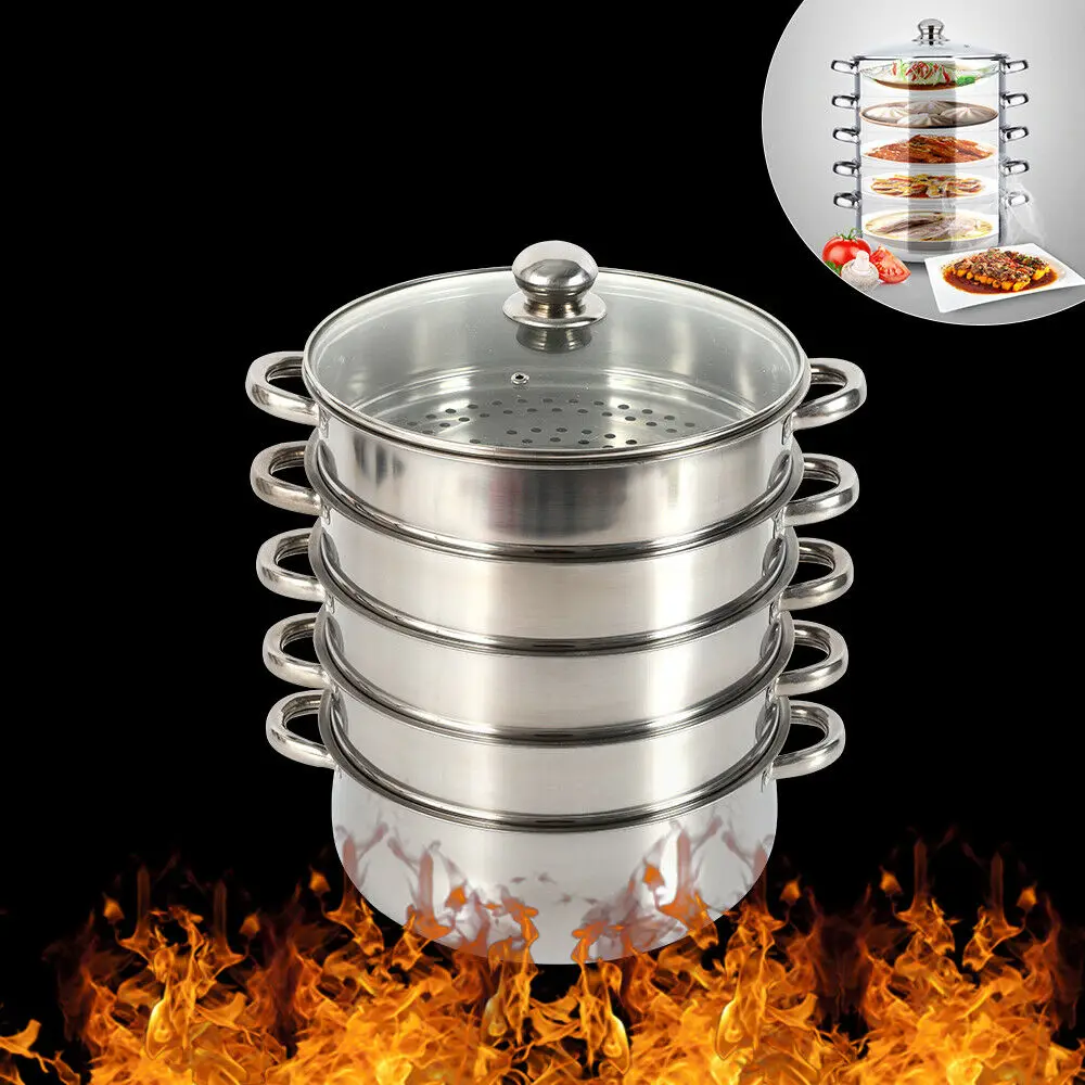 5 Tier 26 / 28 / 30cm Steam Cooker Steamer Pan Cook Food Veg Pot Stainless Steel