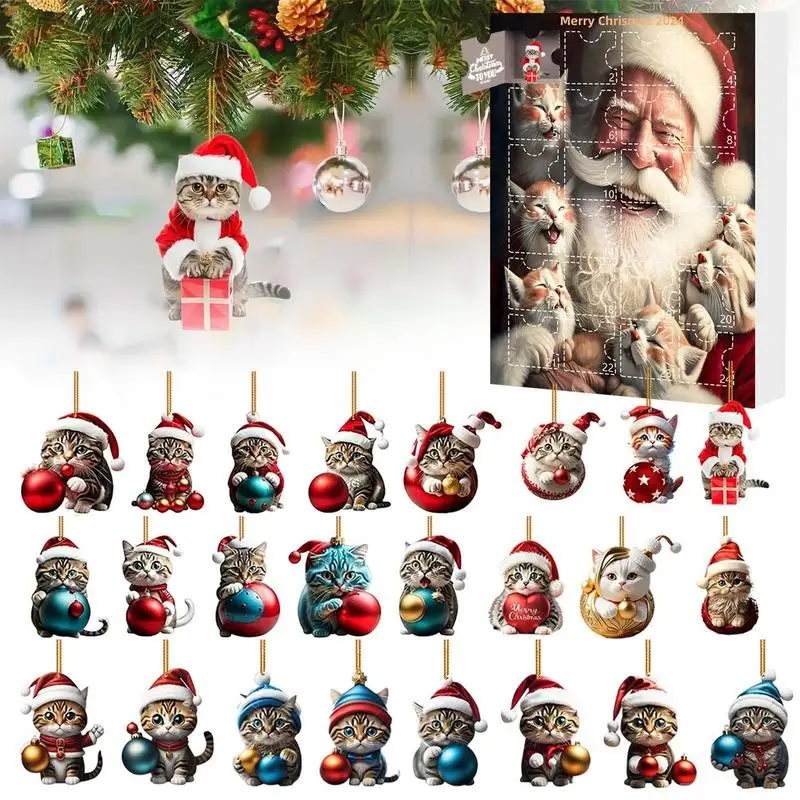 Christmas Cat Advent Calendar 24 days box Xmas Tree Hanging 2D Ornament Cartoon Festival Supplies Funny Holiday Decoration