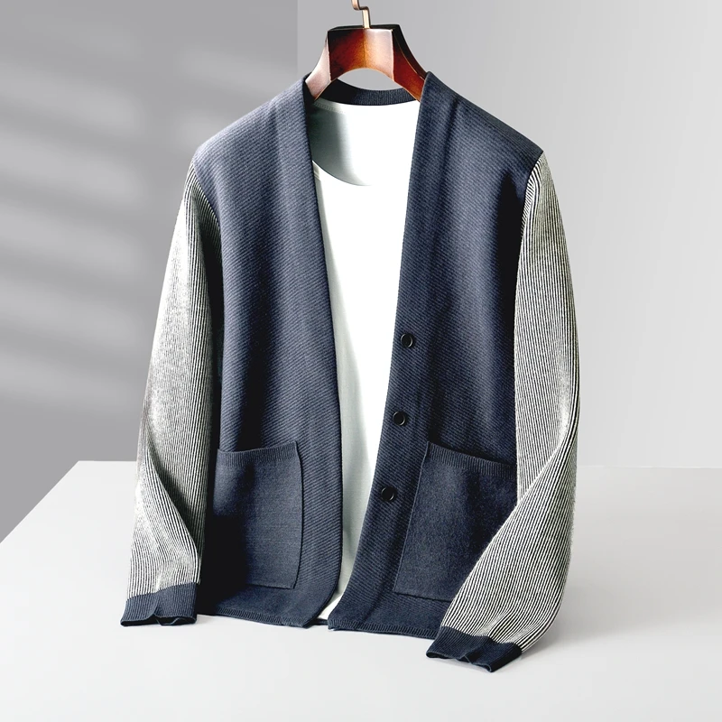 

New autumn and winter 100% merino wool men's split collar cardigan cashmere sweater leisure knitting plus size coat