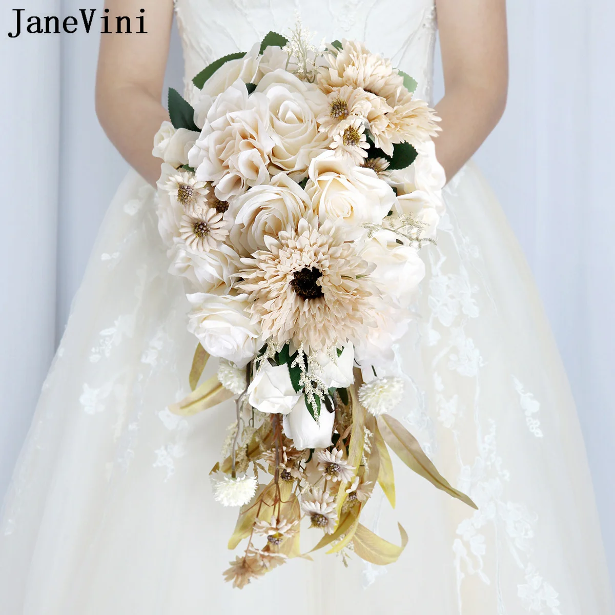 JaneVini Cream-coloured Cascade Bridal Bouquets Vintage Artificial Rose Waterfall Wedding Bride Bouquet Fleur Braut Flower 2022