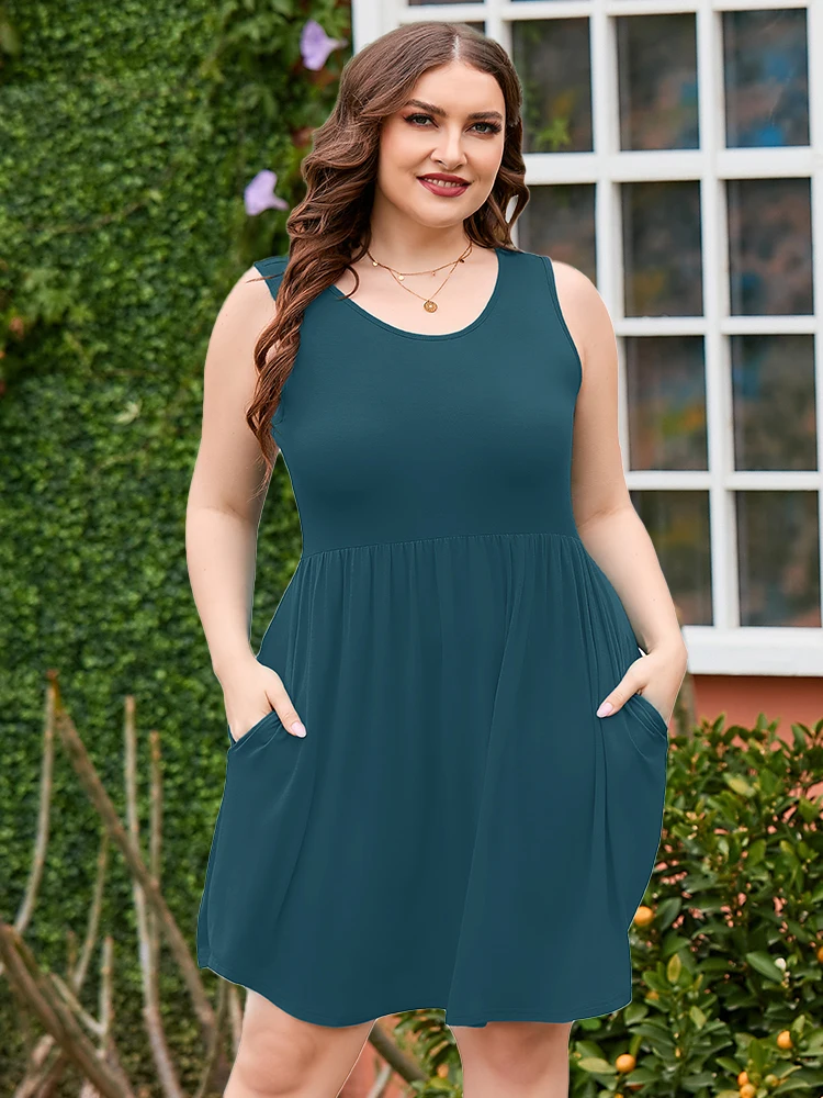 

SHOWMALL Plus Size Summer Tank Dress for Women Casual Sleeveless Crewneck Pleated Babydoll Swing Sundresses with Pockets 1X-5X