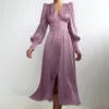 High Waisted Slim Fit Elegant Party Dress V-Neck Ruched Vintage Midi Dress Long Lantern Sleeves Solid Color Evening Dress Women 4