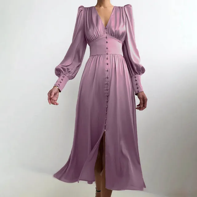 High Waisted Slim Fit Elegant Party Dress V-Neck Ruched Vintage Midi Dress Long Lantern Sleeves Solid Color Evening Dress Women 4