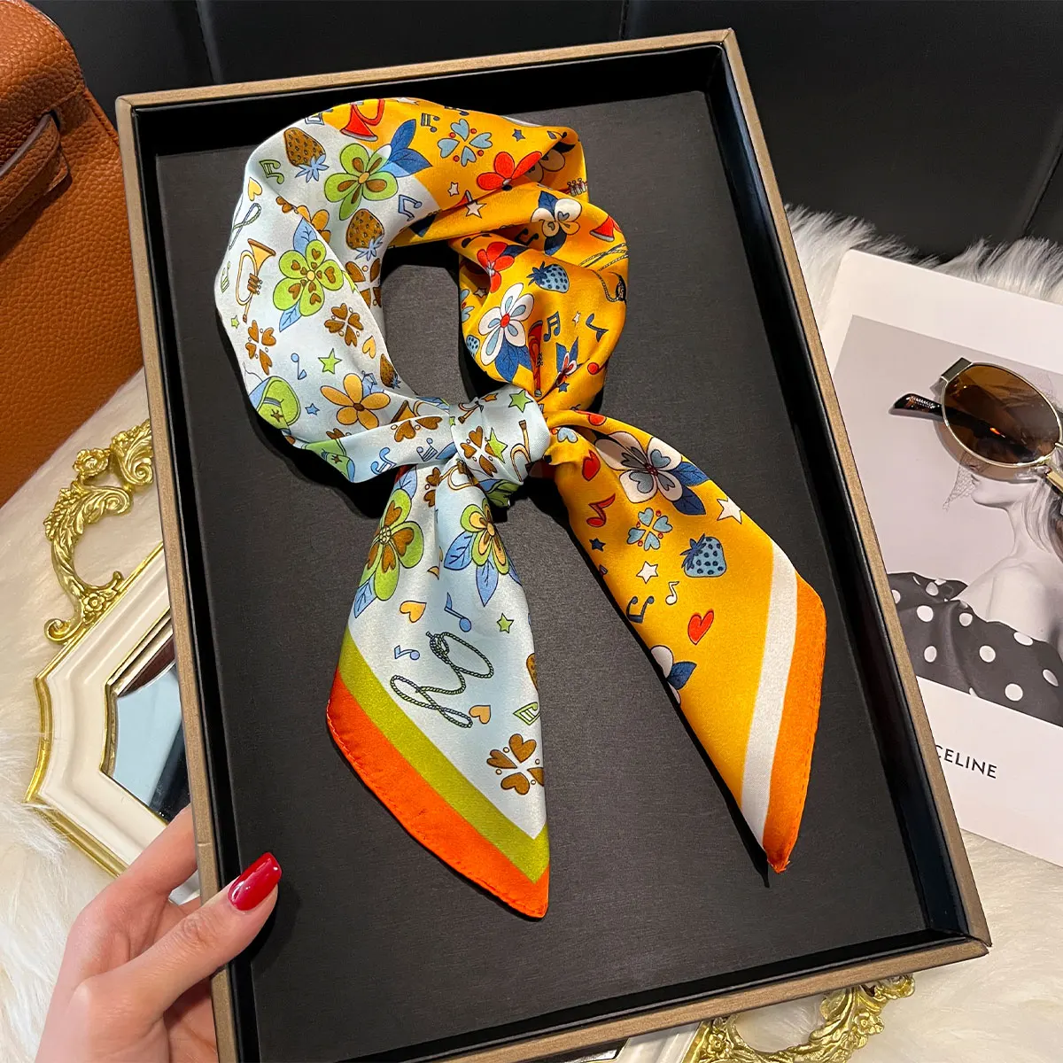 New Design Floral 70*70cm Silk Satin Hair Scarf Women Handkerchief Printed Female Square Head Bandana Small Neck Muffler Hijab