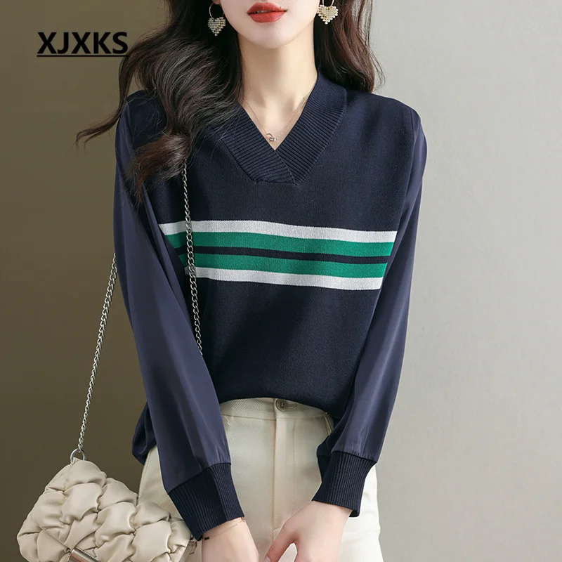 

XJXKS 2023 Spring Autumn New Women's Thin Stitching Sweater Fashion V-neck Long-sleeved Temperament Striped Knitted Tops