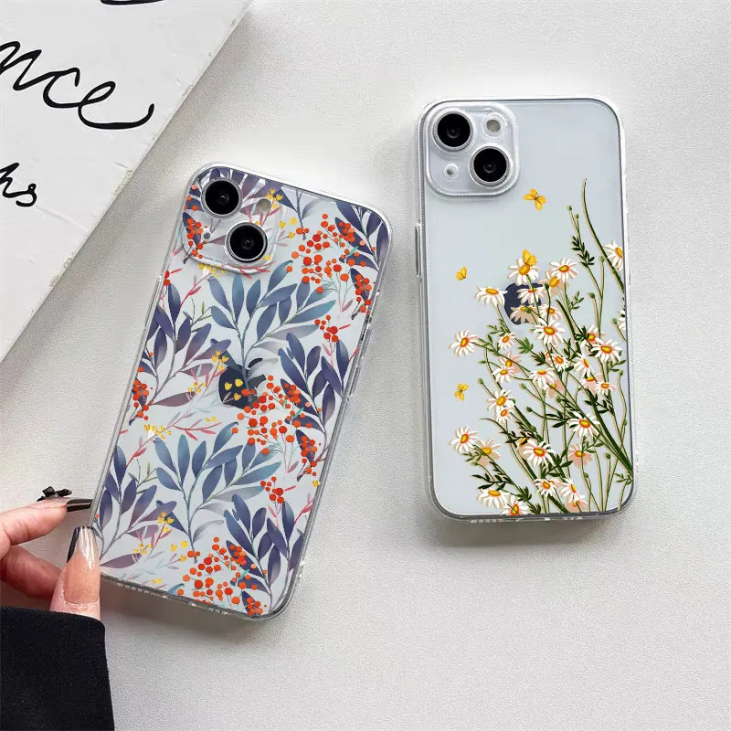 Floral Palm Leaf Painted Soft Silicone Phone Case - Ultra Clear and Durable Design