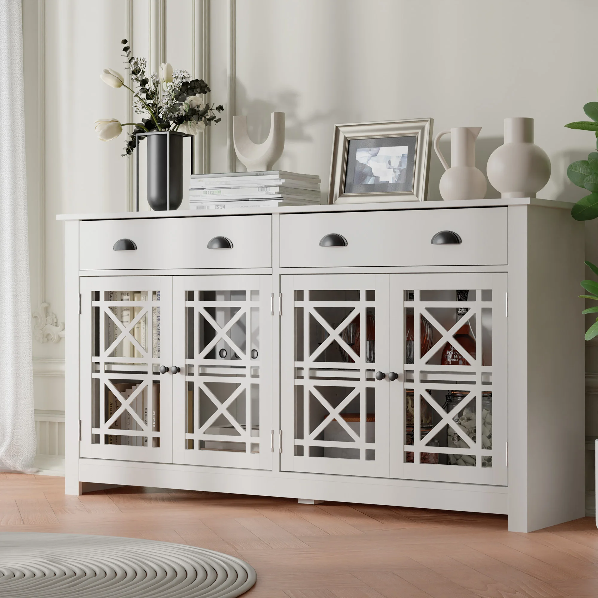 Modern Buffet Cabinet with Drawers, Wood Sideboard Buffet Cabinet with 4 Acrylic Glass Doors, Freestanding Bar