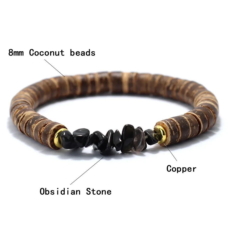 Coconut Bead Men Bracelet with Tiger Eyes Obsidian Howlite Stone