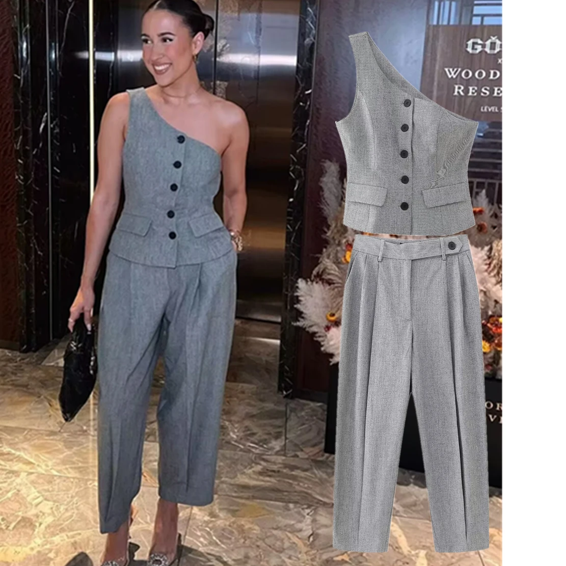 Jenny&Dave French Pleated Casual Cropped Suits Pants Sets Women Fashion Blogger Asymmetric Design Single Shoulder Vest