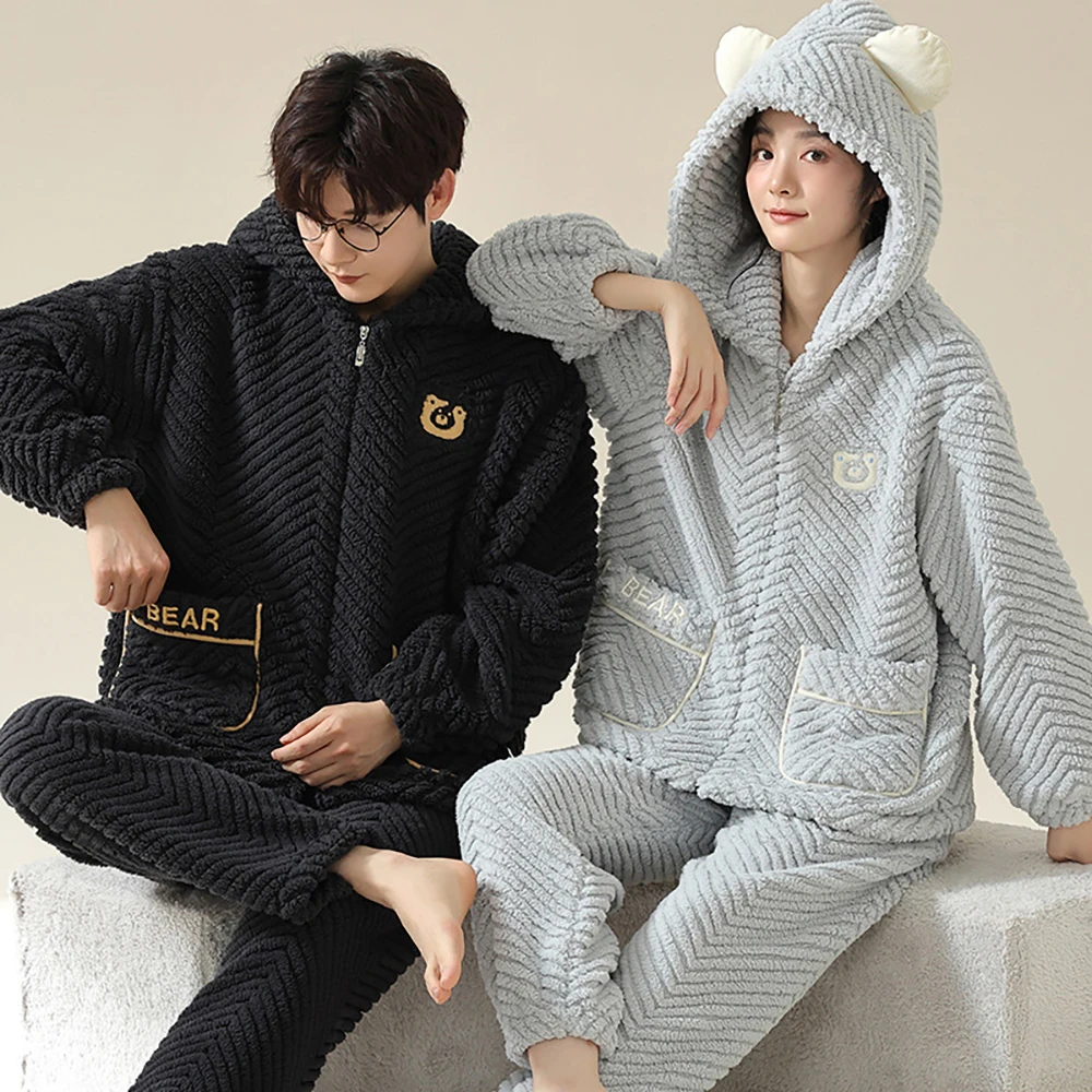Men's Winter Hooded Pajamas Flannel Thicken Warm Couple Sleepwear for Sleeping Cartoon Zipper Casual Pajamas Set pijama hombre