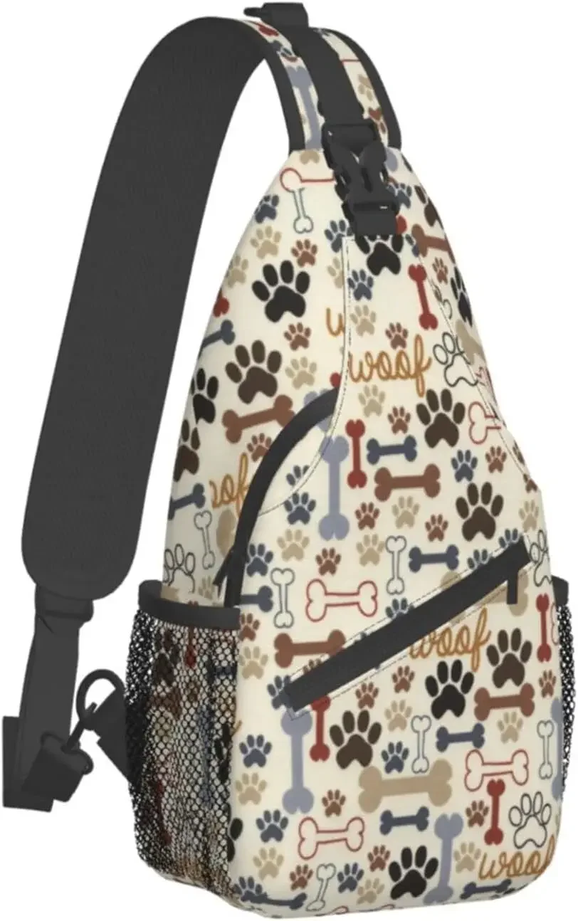 

Dog Paw Print Bone Sling Backpack Travel Hiking Daypack Crossbody Shoulder Bag for Women Men Crossbody Purse with Water Bottle