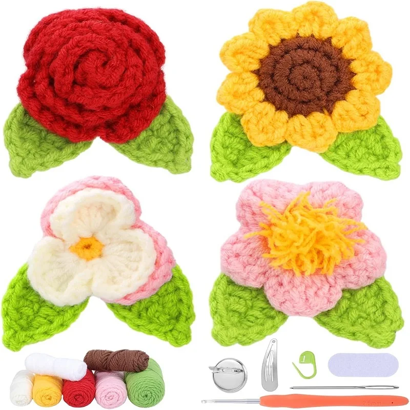 4Pcs Deco Flowers Crochet Kit for Beginners Crochet Craft Kits for Adults Include Hook Tools Supplies and Tutorials