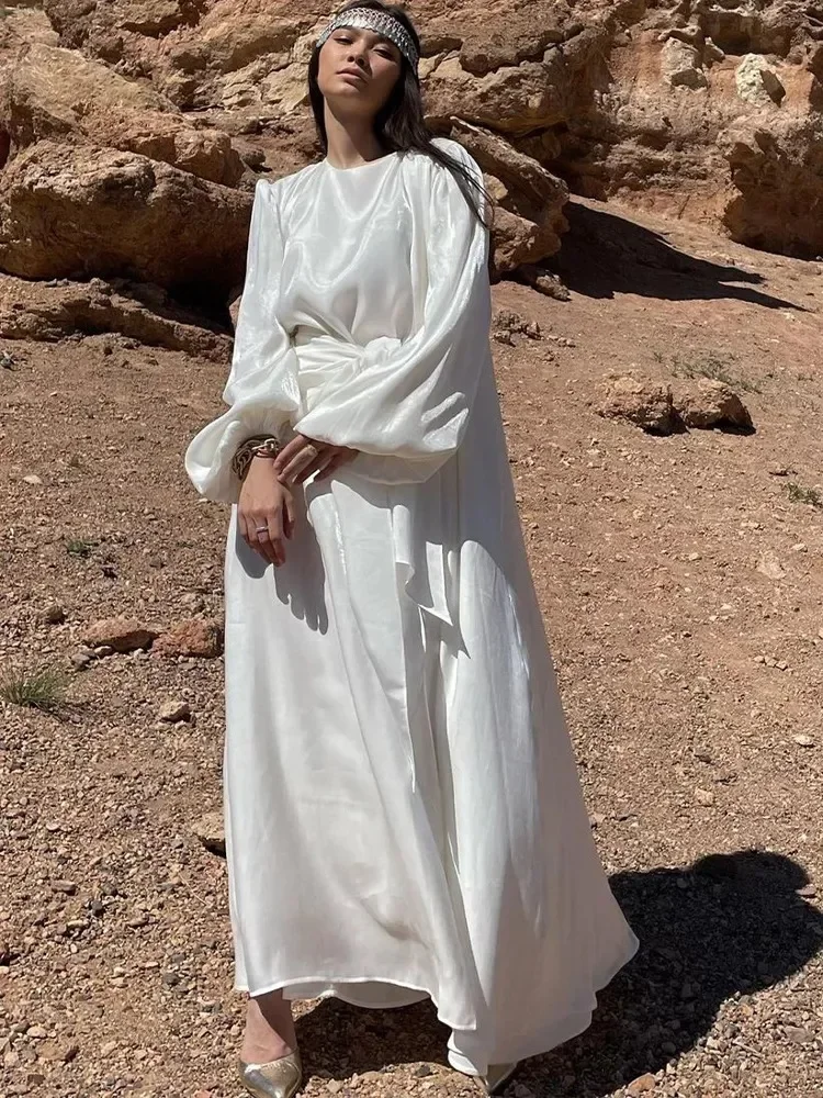 White Kimono Abaya Summer Shiny Satin Balloon Sleeve Muslim Hijab Dress Saudi Open Abayas for Women Dubai Cardigan Turkey Islam