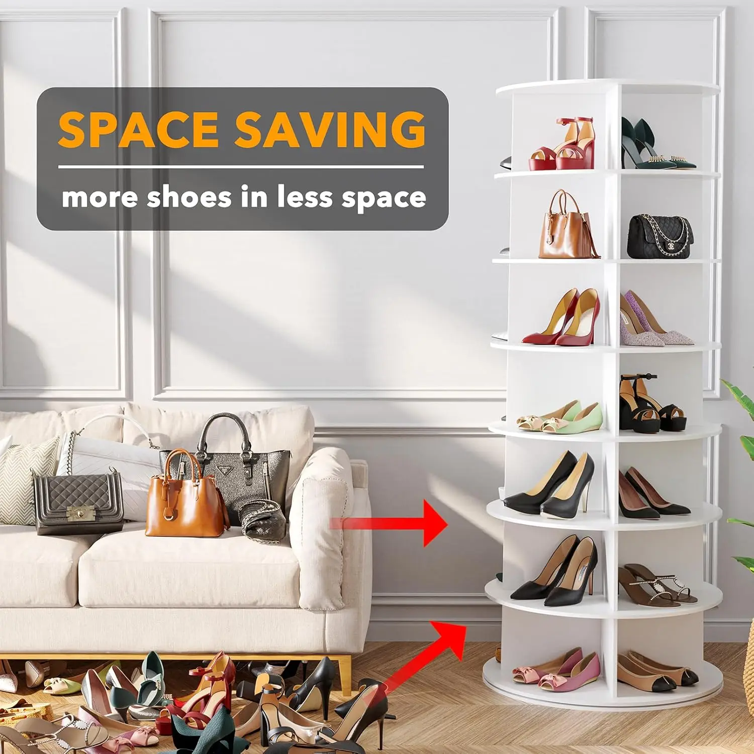 7 Tier Rotating Shoe Rack Tower Spinning Shoe Display Lazy Susan, Revolving 360 Rack Storage Round Carousel White
