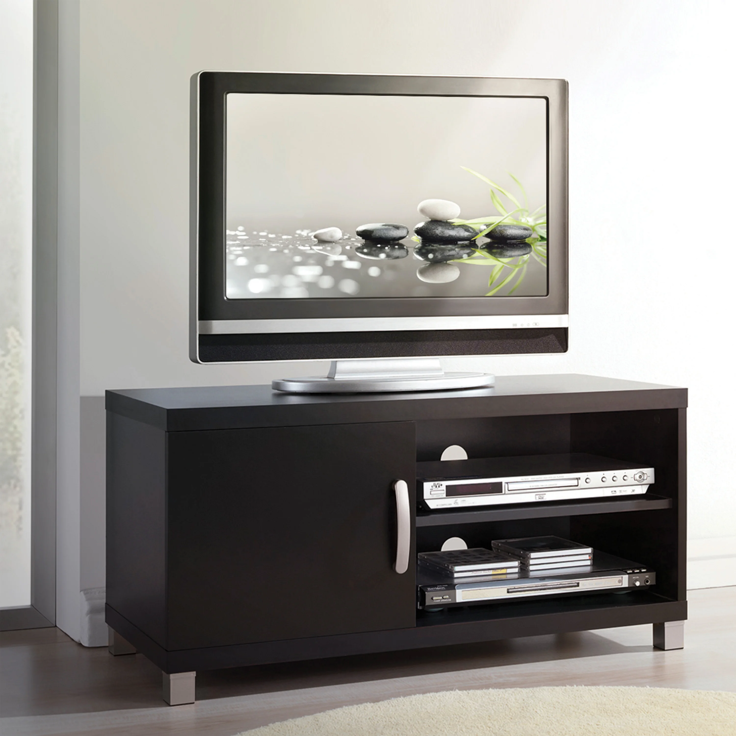 

2 Styles Modern TV Stand 35.5x15.25x17.5Inch TV Cabinet with Storage Shelf & 1 Door for TVs Up To 40" Black[US-W]