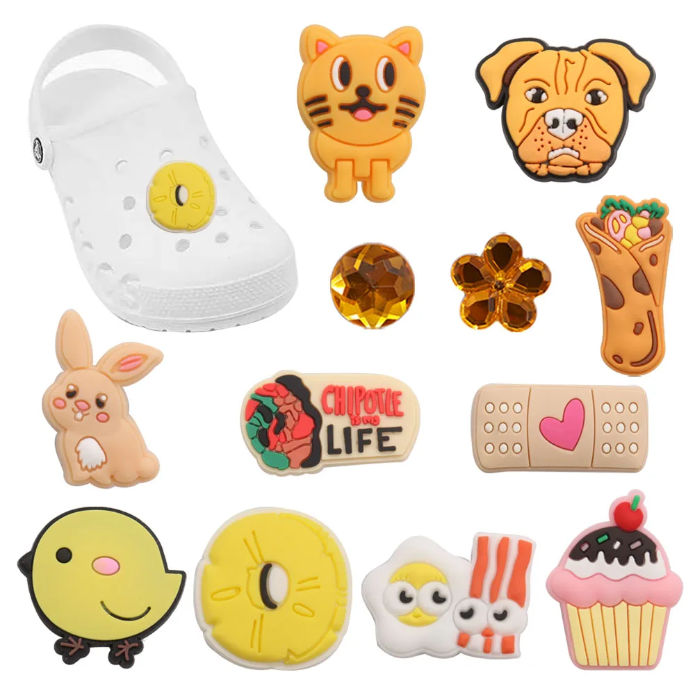 

Mix 50pcs PVC Cat Chicken Dog Burrito Rabbit Band-Aid Cake Poached Egg Pineapple Shoe Charms Croc Slipper Accessories Xmas Gifts