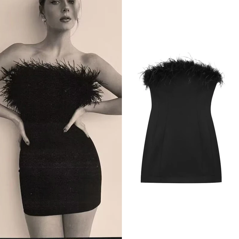 TFMLN Women Sexy Feathers Strapless Mini Dresses Fashion Black Slim Elastic Dress New Summer Elegant Side Zipper Party Dress