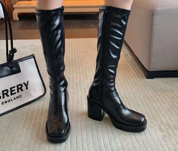 

Luxury Brand Designer Square Toe Boots Women Knee High Casual Platform Fashion Zip Cool Knight Bootties Ladies Shoes Long Boots