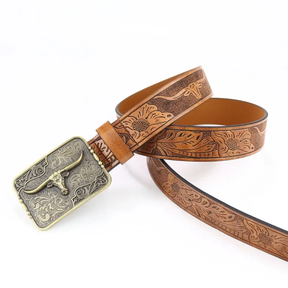 

Bull Pattern Mens Western Cowboy Belt Retro Vintage Wide Waistband PU Leather Waist Belt Mens