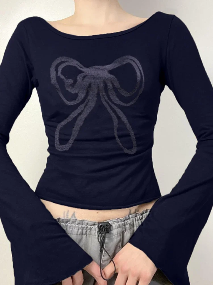 

Kalevest Y2k Crop Top Slim Fit Print Women Pullover T Shirt Fashion Off Shoulder Long Sleeve T-shirt 2023 Autumn New Female Tees