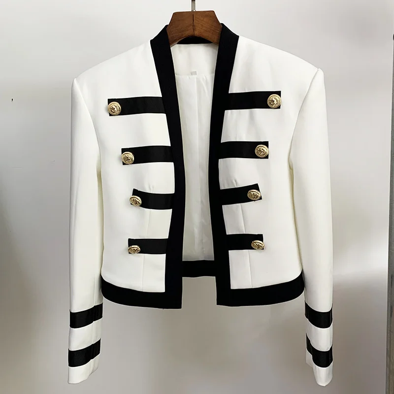 High Quality  Fashion Black And White Stitching Striped Commuting Metal Button Decoration Long-Sleeved Woman Jacket Coat