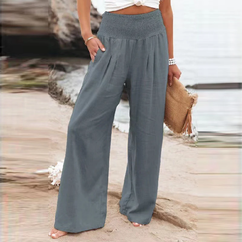 

Fashion Solid Color Higt Elastic Waist Women Pants Causal Loose with Pocket Wide Leg Straight Trouser Vintage Elegant Beach Pant