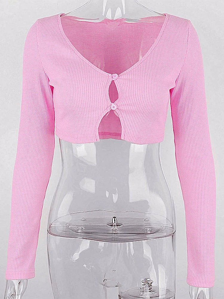 Pink Crop Top Y2K Long Sleeve Top Women V Neck T-Shirts Slim Button Up  Cardigan Autumn Winter Streetwear Solid Cut Out T Shirt