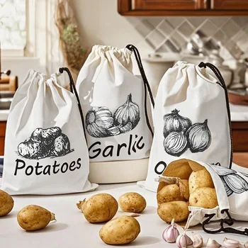 Drawstring Kitchen Storage Bags – Garlic, Onion & Fruit 1