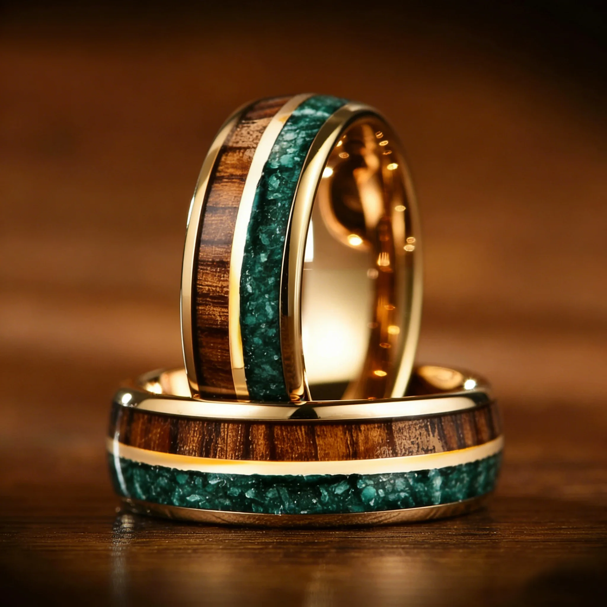 With Malachite and Koa Wood Inlay Fashion 8mm Golden Men Stainless Steel Rings for Men Wedding Band Jewelry Gift Drop Shipping 1