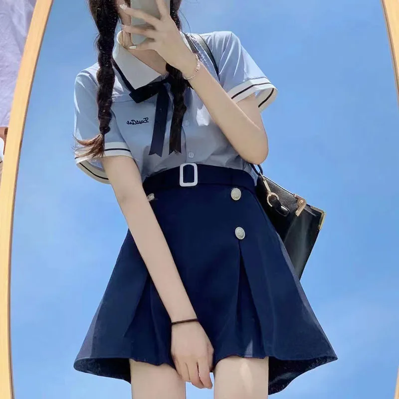 

Japanese Preppy Style High Waist A-line Skirt Suit Y2K Peter Pan Collar Short Sleeve Shirt Button Pleated Mini Skirt College Two