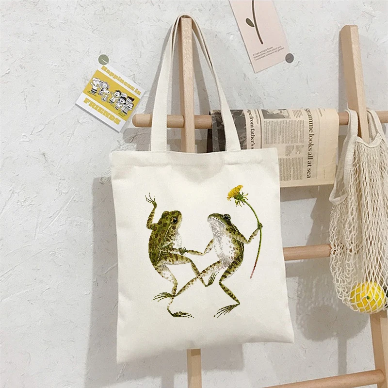 

2021 Women's Canvas Shoulder Bag Student Flower Frog Female Handbag Korean Fashion Large Capacity Reusable Shopping Bag