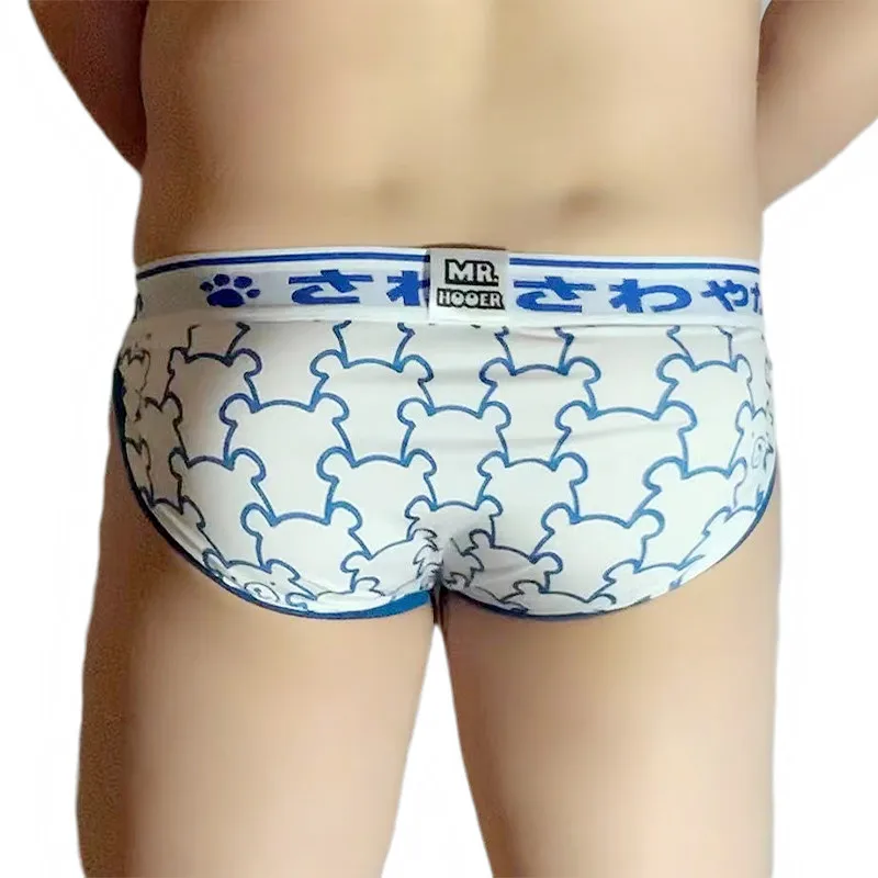 New Cute Bear Print Elasticity Briefs, Plus Size Men's Underpants, Gay Bear Proud Underwear, Sexy Cuecas White/Blue L XL XXL 3XL 3