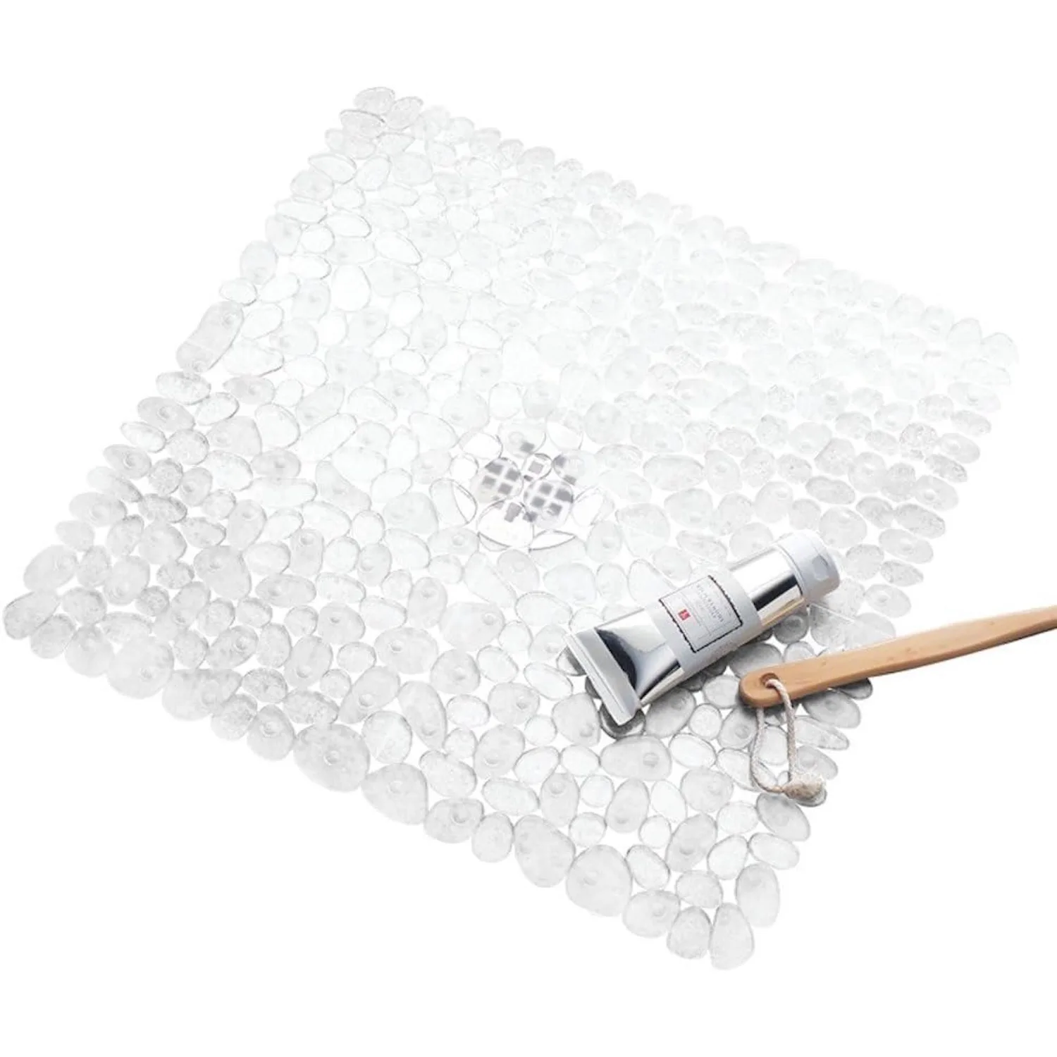 Non-slip pebble design shower mat with suction cups and drain holes, 20.5x21 inches.