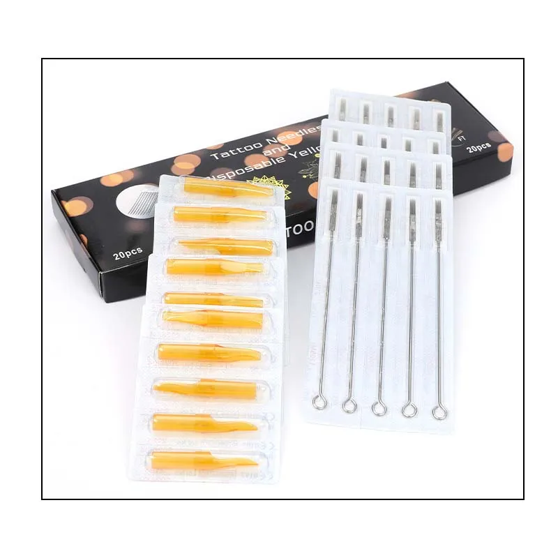 Tattoo Needles and Tips Set 20pcs Disposable Tattoo Needles & 20pcsYellow Tips Tubes for Machine Grip Tubes